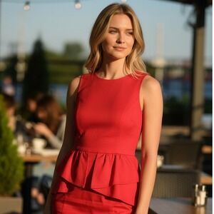 Michael Kors Red Peplum Sheath Dress Sleeveless Gold Zip Size 2